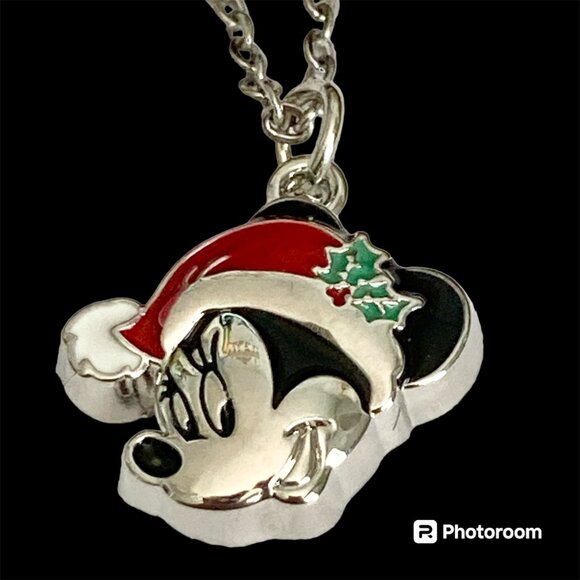 Vintage Disney Minnie Mouse Christmas Necklace Santa Hat 18" Chain Enamel Signed - Picture 2 of 7